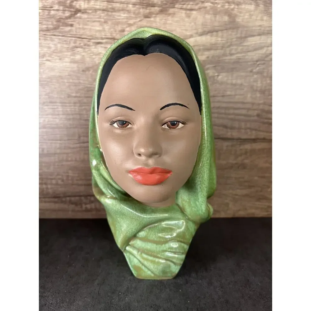 Vintage Female Head Bust Hand Painted Chalk Ware Green Head Scarf Ceramic